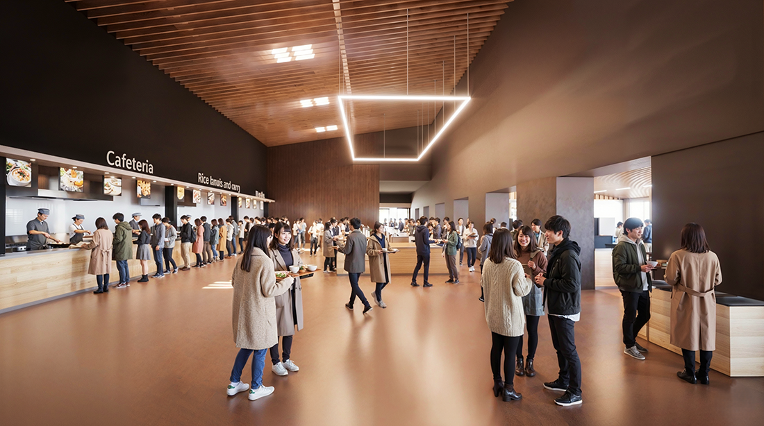 木目調の天井とモダンな照明があるカフェテリアで、配膳カウンターに人々が並ぶ様子