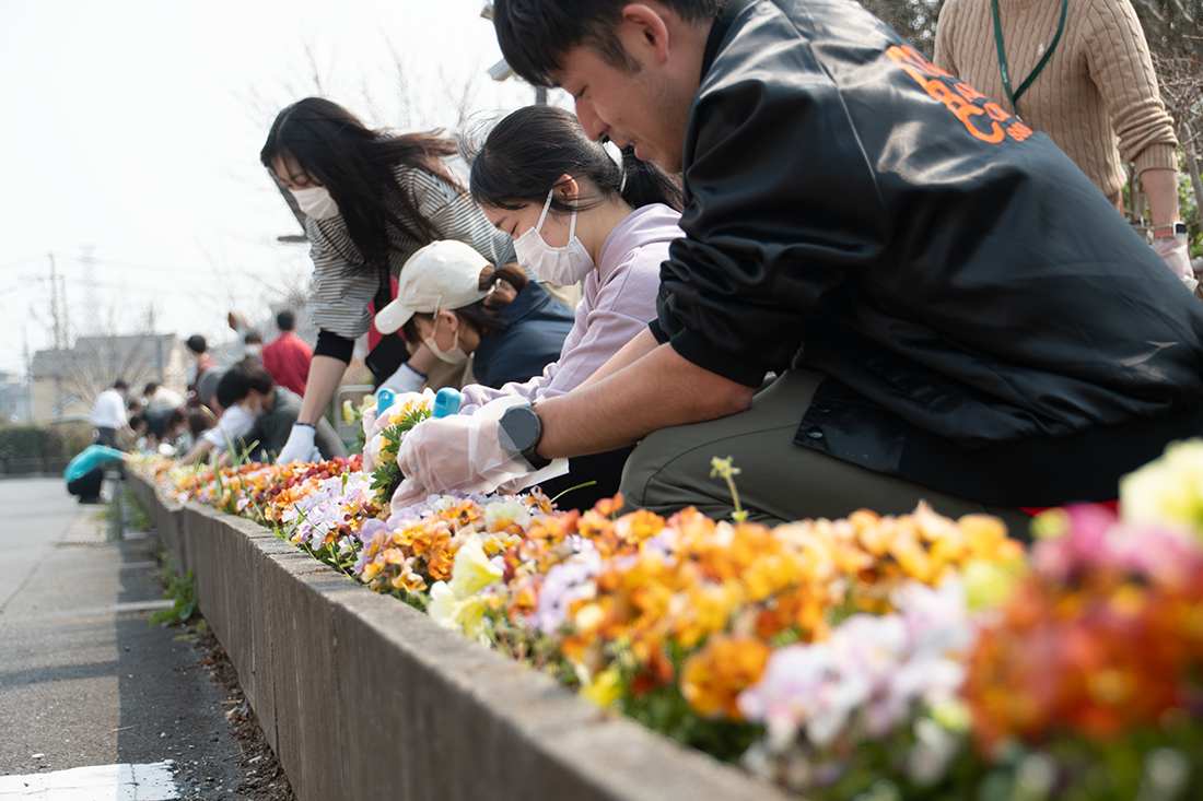 色とりどりの花が咲く花壇で、学生たちがマスクや手袋を着用しながら、植栽や手入れを行っている