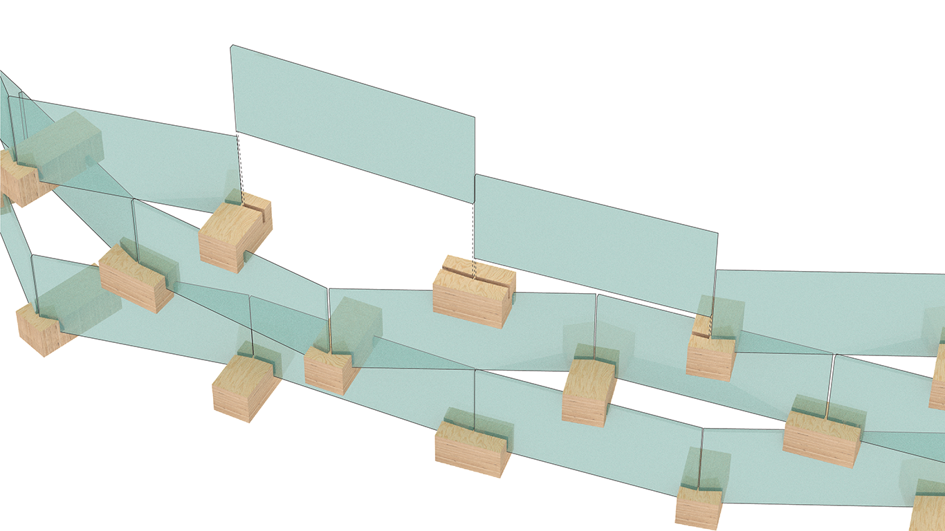 図2. 世界初の構造体となるガラスつづら折り構造「GLCウォール(Glass LVL composite wall)」