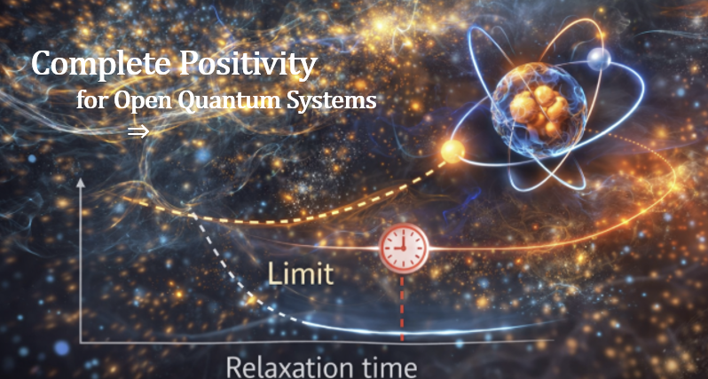 量子系のイメージ図。原子と粒子軌跡、緩和時間とLimitを示す曲線  
